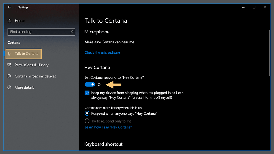 Aktivieren Sie die Hey Cortana-Funktion