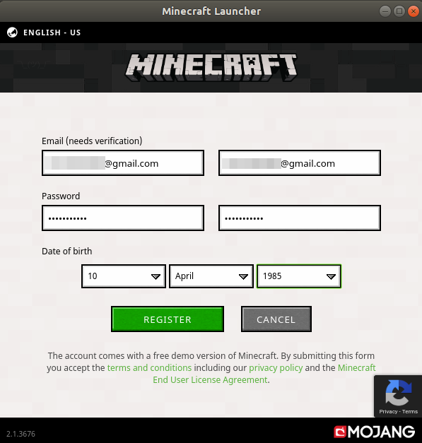 Registrieren Sie sich für Minecraft