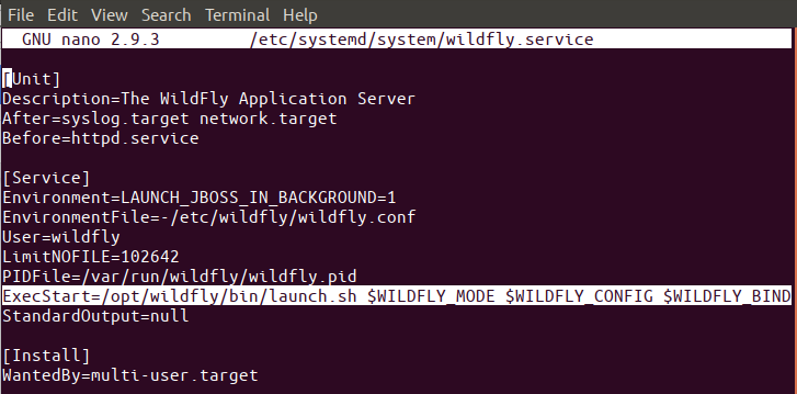 Bearbeiten Sie die Datei wildfly.service