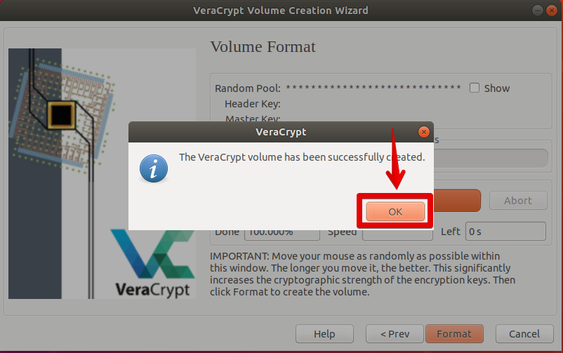 Das Veracrypt-Volume wurde korrekt erstellt