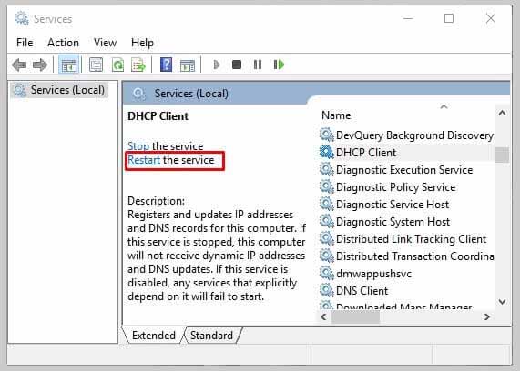 Starten Sie den DHCP-Dienst und den DNS-Client neu.
