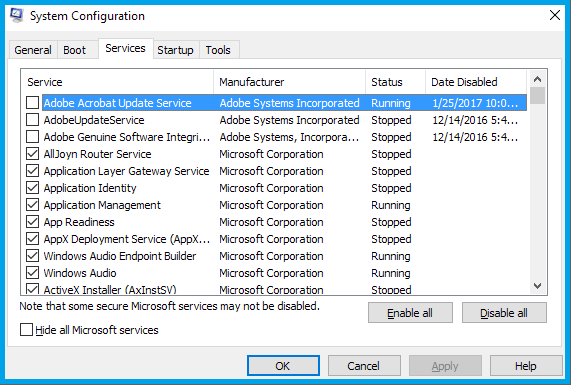 Alle Microsoft-Dienste ausblenden und Dienste deaktivieren