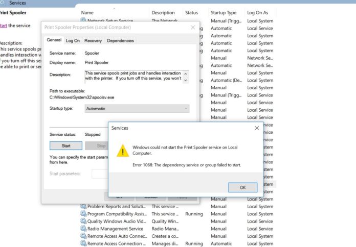 Problembehebung Druckspooler 1068 Windows 10 kann nicht gestartet werden